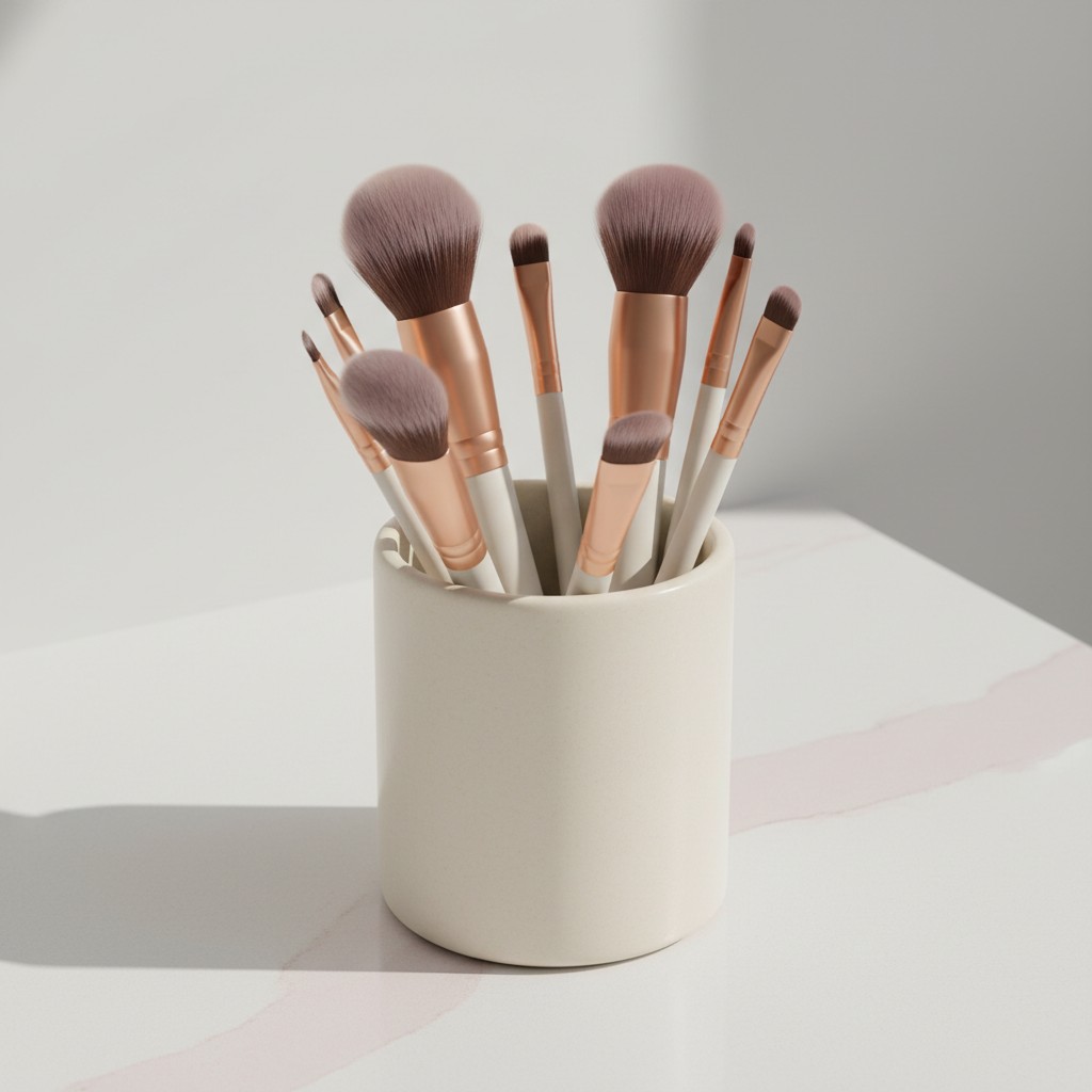 A collection of makeup brushes in a white and rose gold-branded brush pot, atop a white and pink marble tabletop. The back...