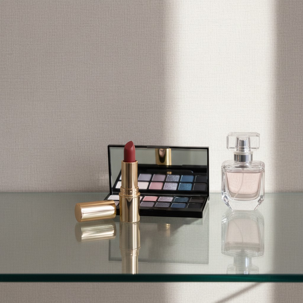 A table top partial view of a display of cosmetic products. It appears lipstick, an eyeshadow palette and a bottle of perf...