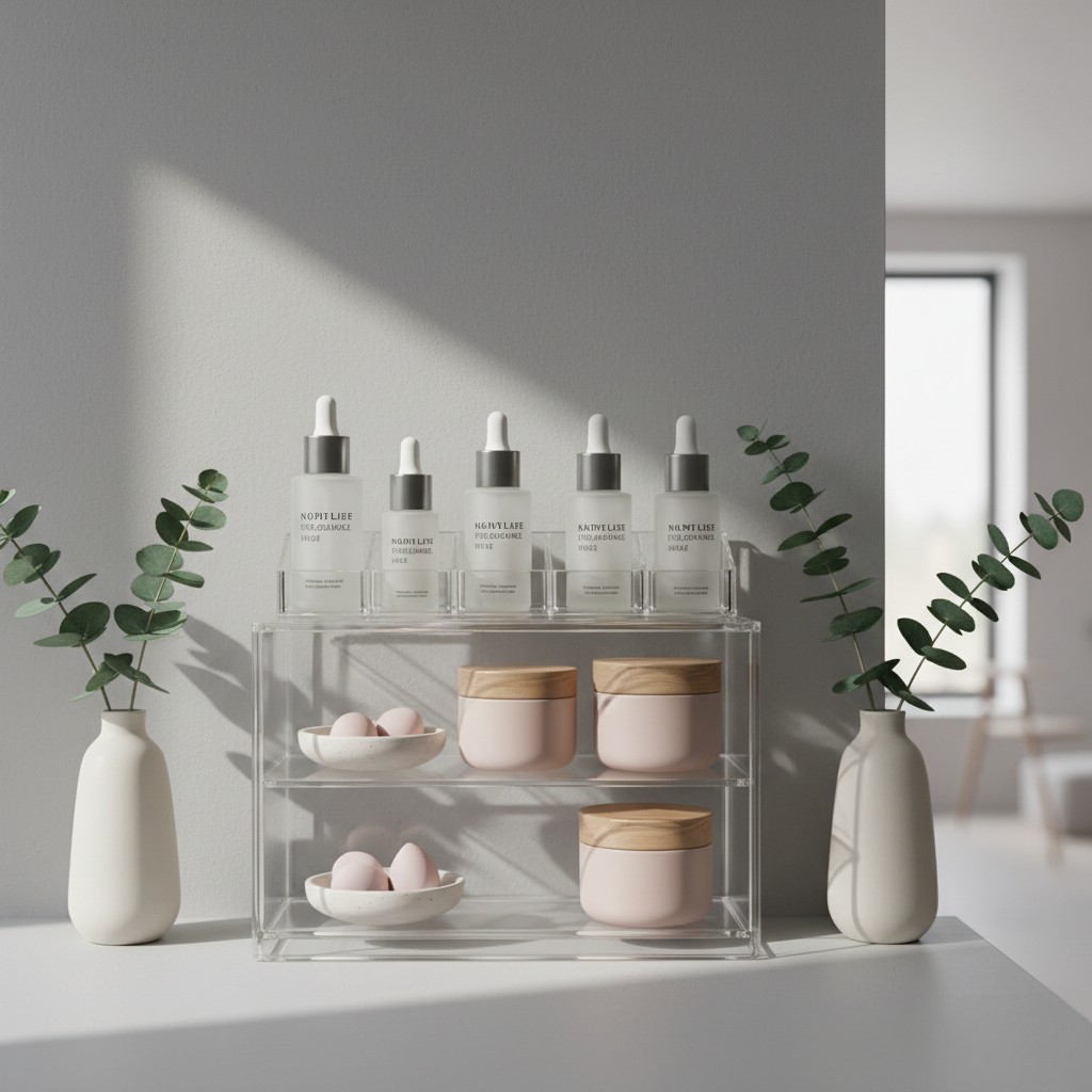 "Modern Spa Aesthetic: Minimalist white shelves and neutral-coloured aesthetic"