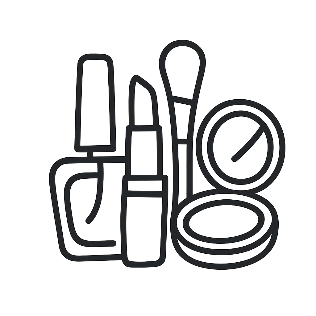 A monochromatic drawing of several makeup items.